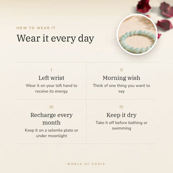 How to wear your Amazonite Bracelet – left wrist, morning wish, recharge on selenite or moonlight