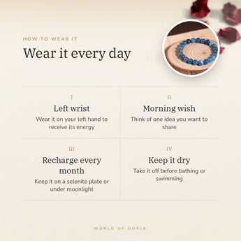 How to wear your Blue Apatite Bracelet – left wrist, morning wish, recharge on selenite or moonlight