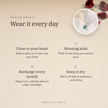 How to wear your Emerald (Panna) Pendant – daily wear, morning wish, recharge on selenite or moonlight