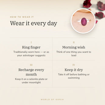 How to wear your Ruby (Manik) Ring – daily wear, morning wish, recharge on selenite or moonlight