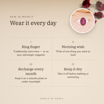How to wear your Ruby (Manik) Ring – daily wear, morning wish, recharge on selenite or moonlight