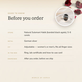 Sulemani Hakik Ring – good to know before you order: what is in the box, energised after order