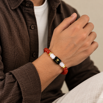 Virgo zodiac bracelet in Carnelian and Milky Quartz worn on the wrist