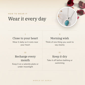 How to wear your Turquoise (Firoza) Pendant – daily wear, morning wish, recharge on selenite or moonlight