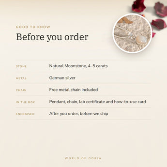 Moonstone Pendant – good to know before you order: what is in the box, energised after order