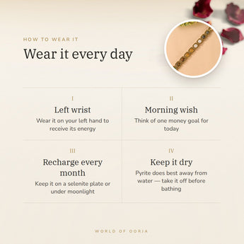 How to wear your Gold Plated Dhan Yog Bracelet – left wrist, morning wish, recharge on selenite or moonlight