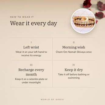 How to wear your 5 Mukhi Rudraksha Bracelet – left wrist, morning wish, recharge on selenite or moonlight
