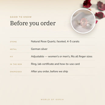 Rose Quartz Ring – good to know before you order: what is in the box, energised after order