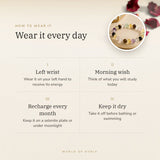 How to wear your Exam Focus & Success Bracelet – left wrist, morning wish, recharge on selenite or moonlight