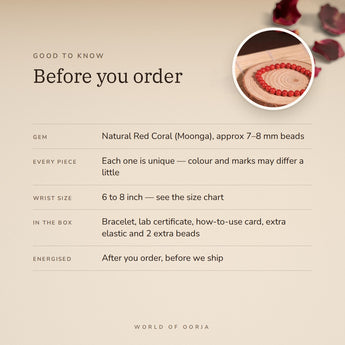 Red Coral Bracelet – before you order: size, what is in the box, energised after order