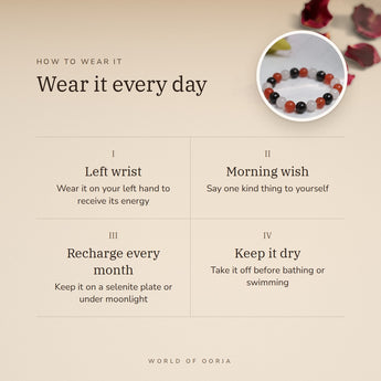 How to wear your PCOD/PCOS Support Bracelet – left wrist, morning wish, recharge on selenite or moonlight