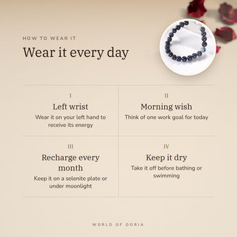 How to wear your Blue Sapphire Silver Bracelet (Neelam) – left wrist, morning wish, recharge on selenite or moonlight
