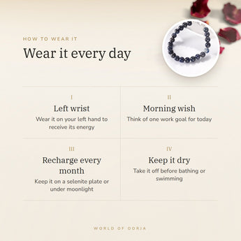 How to wear your Blue Sapphire Silver Bracelet (Neelam) – left wrist, morning wish, recharge on selenite or moonlight