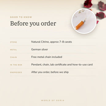 Citrine Pencil Pendant – good to know before you order: what is in the box, energised after order