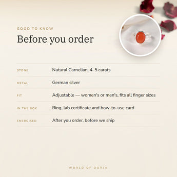 Carnelian Ring – good to know before you order: what is in the box, energised after order