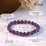 Purple beaded bracelet with text highlighting its benefits on a white background.