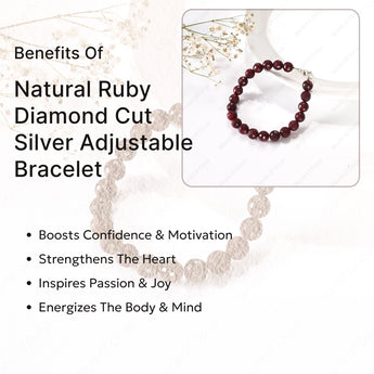 Bracelet with natural ruby diamond cut silver adjustable design on a white background with text about benefits.