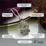 Crystal pendant with its purported benefits and the brand 'Orja' displayed.