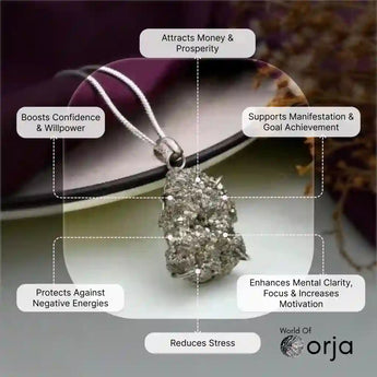 Crystal pendant with its purported benefits and the brand 'Orja' displayed.