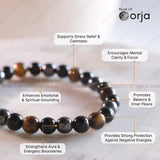 Black beaded bracelet with text highlighting its benefits on a light background