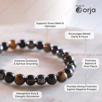 Black beaded bracelet with text highlighting its benefits on a light background