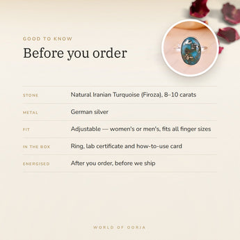 Turquoise (Firoza) Ring – good to know before you order: what is in the box, energised after order