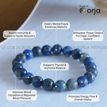 Blue beaded bracelet with health benefits text on a white surface