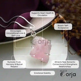 Necklace with a pink crystal pendant on a white surface, featuring Orja brand.