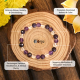 Stress-relief Bracelet beaded with crystal beads and descriptive text on a wooden background