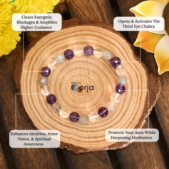 Spiritual Awakening Bracelet beaded with crystal beads and descriptive text on a wooden background