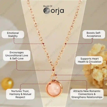 Rose gold necklace with pendant on a neutral background, featuring Orja brand.