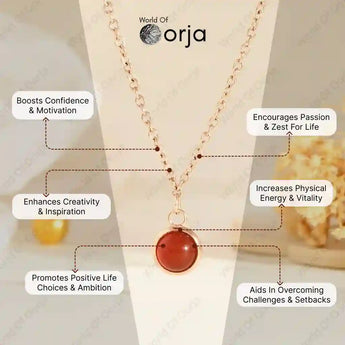 Necklace with a red pendant on a mannequin, featuring Orja brand, with text about its benefits.