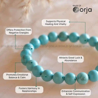 Turquoise beaded bracelet with various benefits labeled, branded 'World of Orja'.