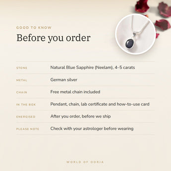 Blue Sapphire (Neelam) Pendant – good to know before you order: what is in the box, energised after order