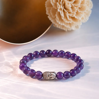 Amethyst bracelet close-up showing natural purple gemstone beads - certified authentic India