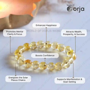 Yellow beaded bracelet with various benefits labeled on a light background, featuring the brand 'World of Orja'.