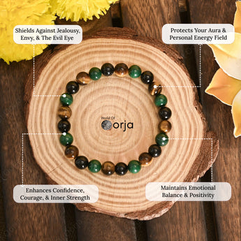 Nazar Raksha Bracelet beaded with crystal beads and descriptive text on a wooden background