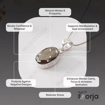 Silver pendant with text on its benefits on a dark background, featuring the brand 'Orja'.