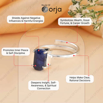 Silver ring with a blue gemstone on a beige background, featuring Orja branding and text about the ring's benefits.
