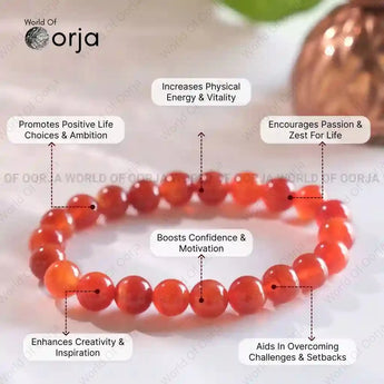 Red beaded bracelet with health benefits text on a white background, branded 'World of Orja'.