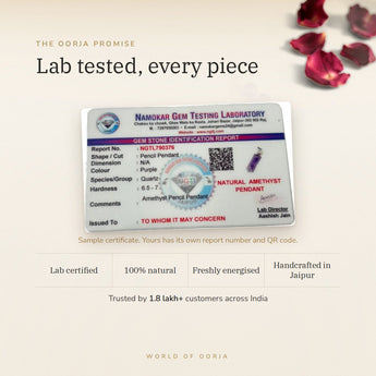 Amethyst Pencil Pendant lab certificate with QR code – The Oorja promise