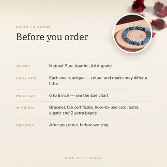 Blue Apatite Bracelet – before you order: size, what is in the box, energised after order