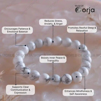 White beaded bracelet with health benefits text on a soft pink background, branded 'World of Orja'.