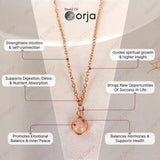 Necklace with a pendant on a neutral background, featuring Orja brand, with text about its benefits.
