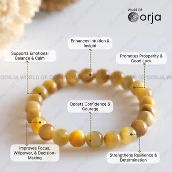 Beaded bracelet with various benefits labeled, branded 'World of Orja'.
