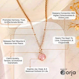 Necklace with a pink gemstone on a beige background with text about its benefits, branded 'World of Orja'.