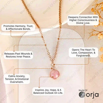 Necklace with a pink gemstone on a beige background with text about its benefits, branded 'World of Orja'.