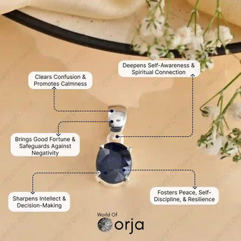 Orja pendant on a beige background with text about its benefits