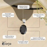 Black stone pendant on a necklace with therapeutic benefits labeled, branded 'World of Orja'.
