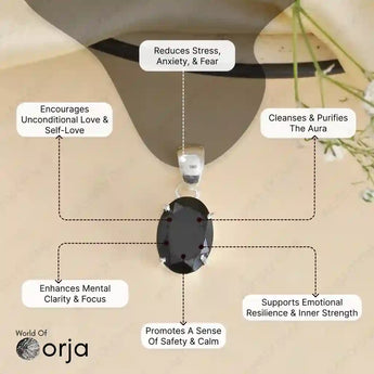 Black stone pendant on a necklace with therapeutic benefits labeled, branded 'World of Orja'.